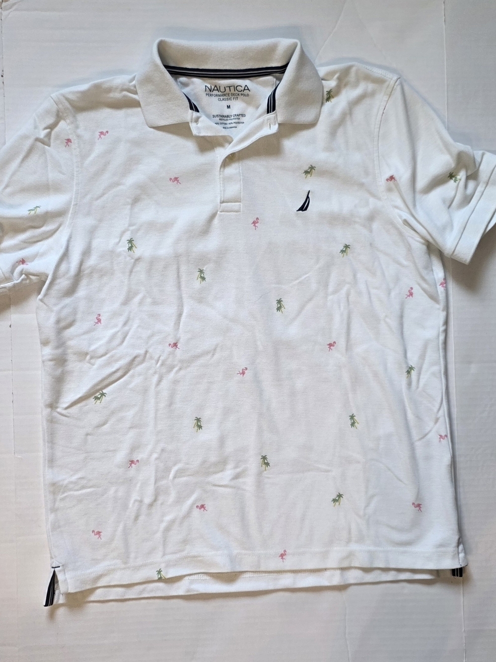 Nautica White flamingos short-sleeve men's Polo shirt Preppy Resortwear Cruise M